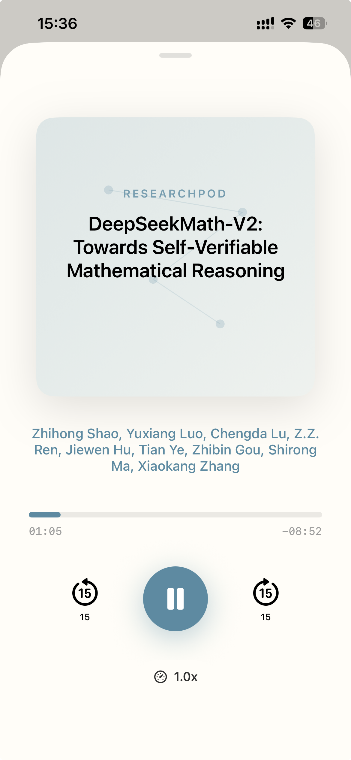 ResearchPod App - Playing DeepSeekMath podcast